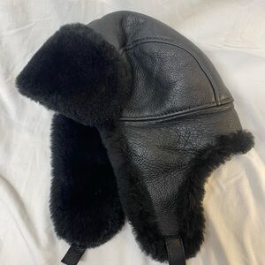 Black Shearling sheepskin and Leather Aviator Hat